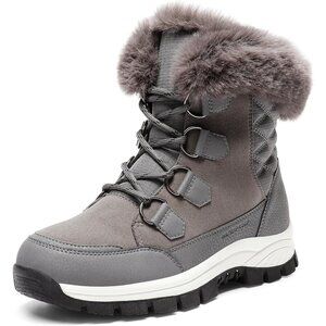 Women’s Dark Grey Waterproof Snow Boots Warm Faux Fur Lace Up Mid Calf